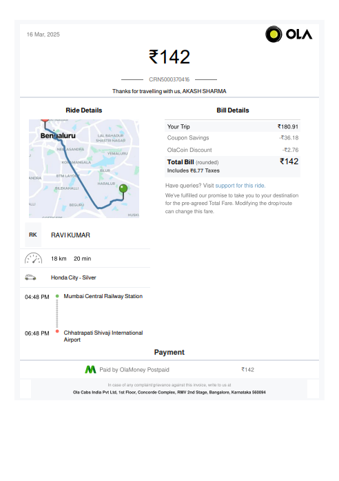 Ola Car Receipt preview