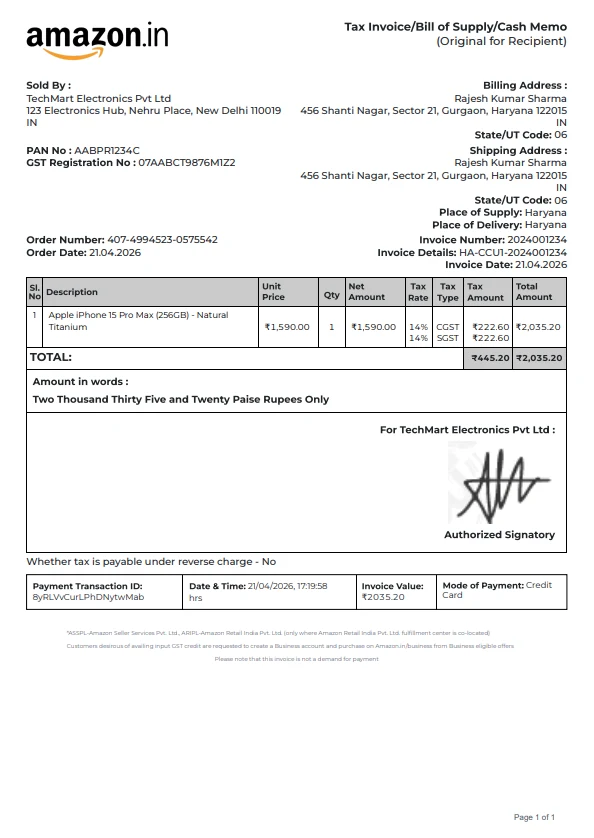 Amazon Bill of Supply/Tax Invoice preview