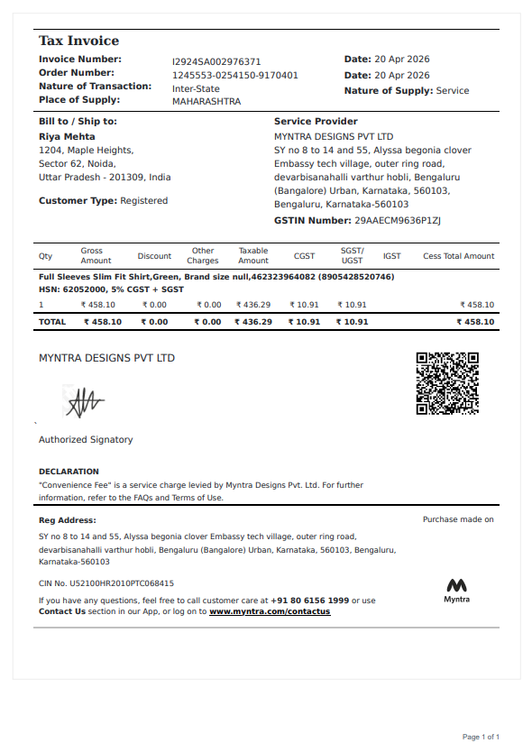 Myntra Tax Invoice preview