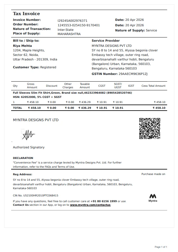 Myntra Tax Invoice preview