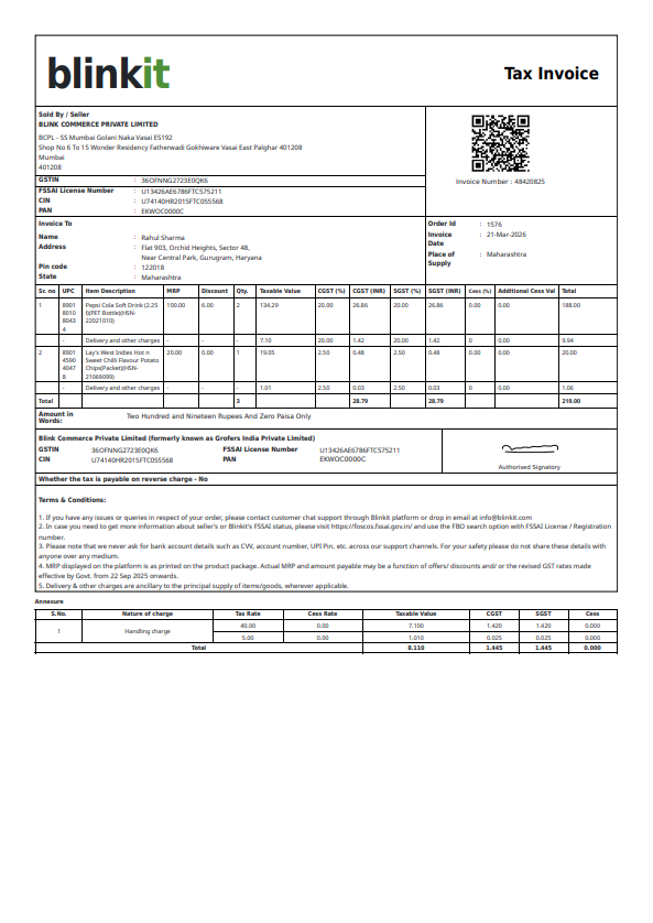 Blinkit Tax Invoice preview