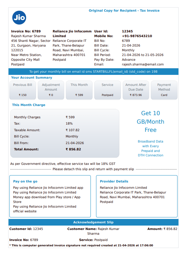 Recharge Bill Template preview