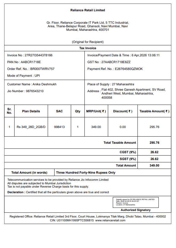 Reliance Jio Infocomm Limited Internet Bill Generator | HopeOF